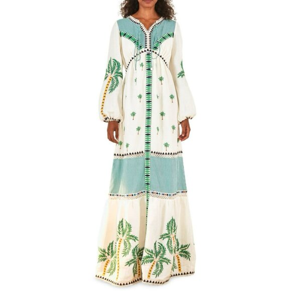 FARM Rio Dresses & Skirts - New Farm Rio $425 Embroidered Maxi Dress Palm Tree Long Sleeve Boho Medium